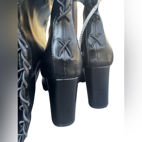 KURT Geiger Pointed Toe Knee High Lace-Up Black Leather High Block Heeled Boots - Picture 8 of 16